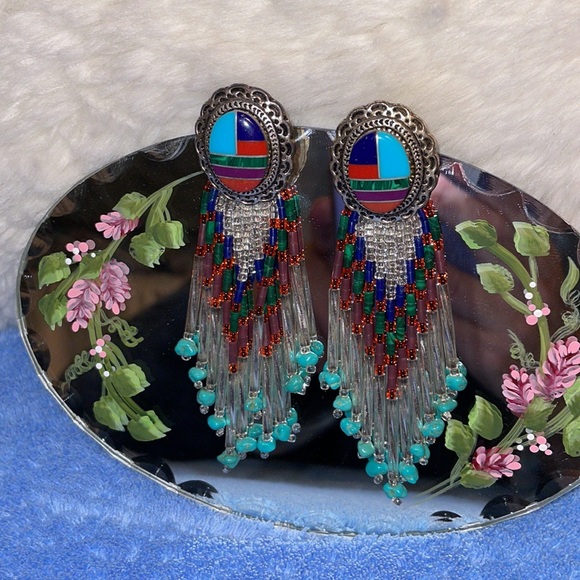 Vintage NWOT Native American Multi Gem Bead Sterling Silver Earrings. - Picture 3 of 5
